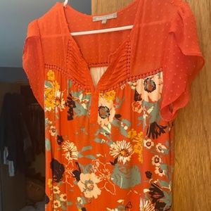 Orange pique poet shirt with patterned bottom